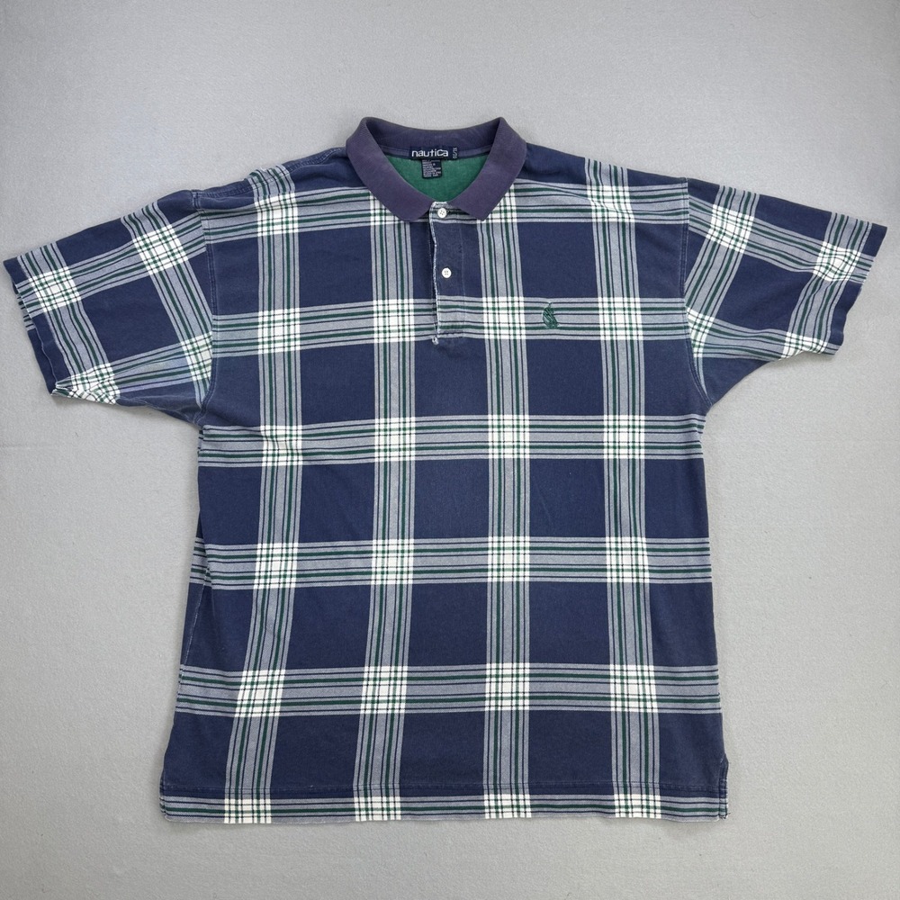 Vintage 90s Nautica Polo Shirt Mens XL Blue Plaid Short Sleeve Preppy Summer